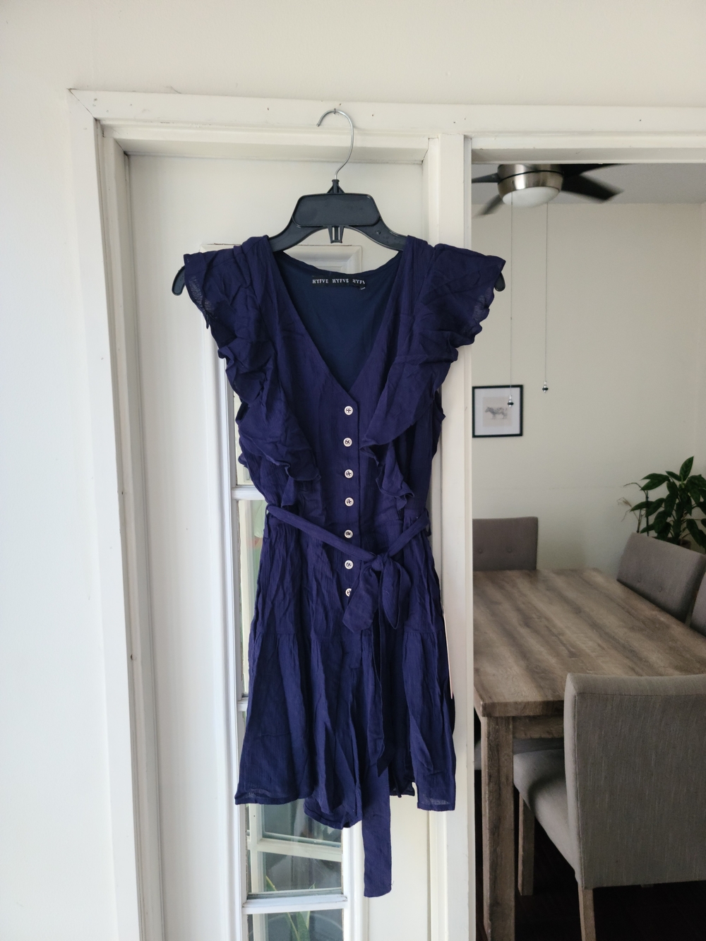 HYFVE Navy Ruffle Button-Front Romper with Tie Waist